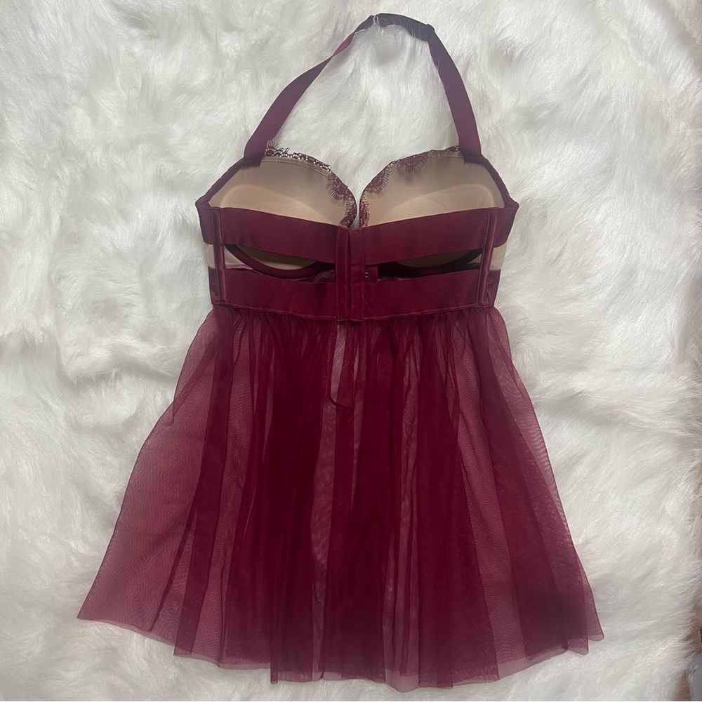 Victoria’s Secret burgundy eyelash lace negligee babydoll slip dress size 32D - Picture 6 of 7